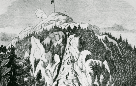 Klatring på Kolsåstoppen. Tegning fra 1852.