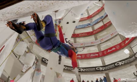 Innendørs isklatrekonkurranse under verdenscupen i Saas-Fee i Sveits. Foto: Epic TV