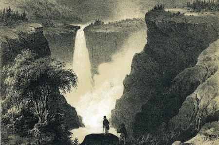 Rjukanfossen tegnet av Gustav Adolph Mordt i boka Norge fremstillet i Tegninger fra 1848 (utstnitt).