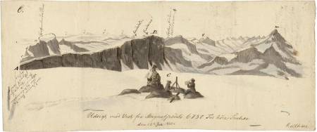 Utsikten vestover fra Kalvehøgdi. Baltazar Mathias Keilhau: "Erindring af Fjeldreisen i 1820. Tilegnet min Ven Boeck. Keilhau. Christiania 1821."