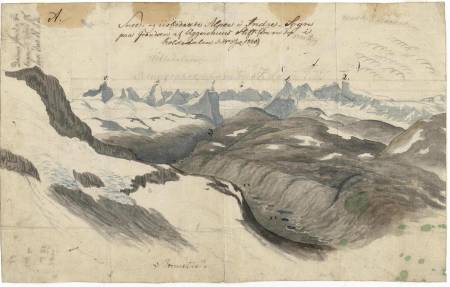 Utsikten vestover mot Hurrungane. Baltazar Mathias Keilhau: "Erindring af Fjeldreisen i 1820. Tilegnet min Ven Boeck. Keilhau. Christiania 1821."